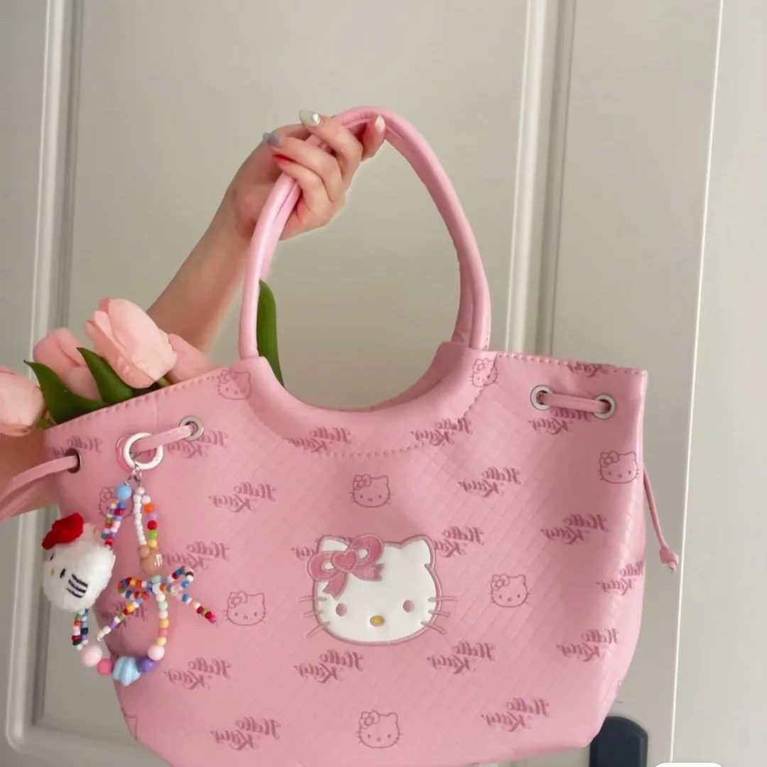 

Pink Tote Bag for Women Hello Kitty Vintage Cartoon Embroidery Cute Shoulder Bag Literary Casual Fashion Female Handbag