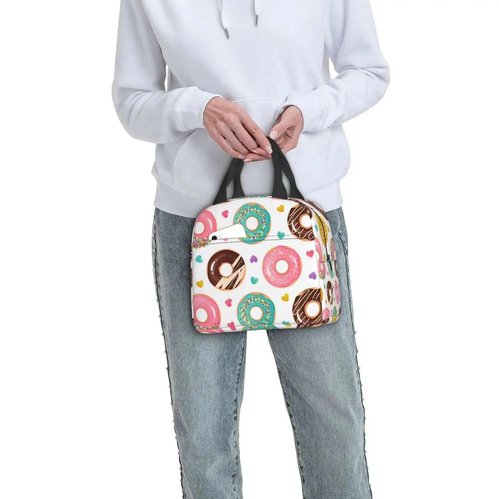 Colorful Donut Print Lunch Bag Waterproof Insulated Canvas Cooler Bag Thermal Cold Food Picnic Travel Tote for Women Children