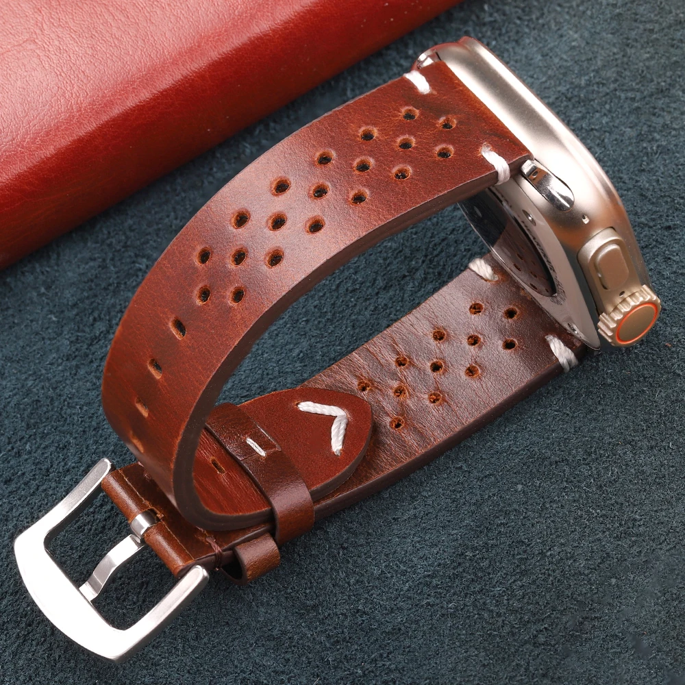 Echtes Lederarmband für Apple Watch 10 9 8 7 SE 6 5 4 3 Ultra 2 49 mm 45 mm 44 mm 42 mm 41 mm 40 mm 38 mm atmungsaktives Rindslederarmband