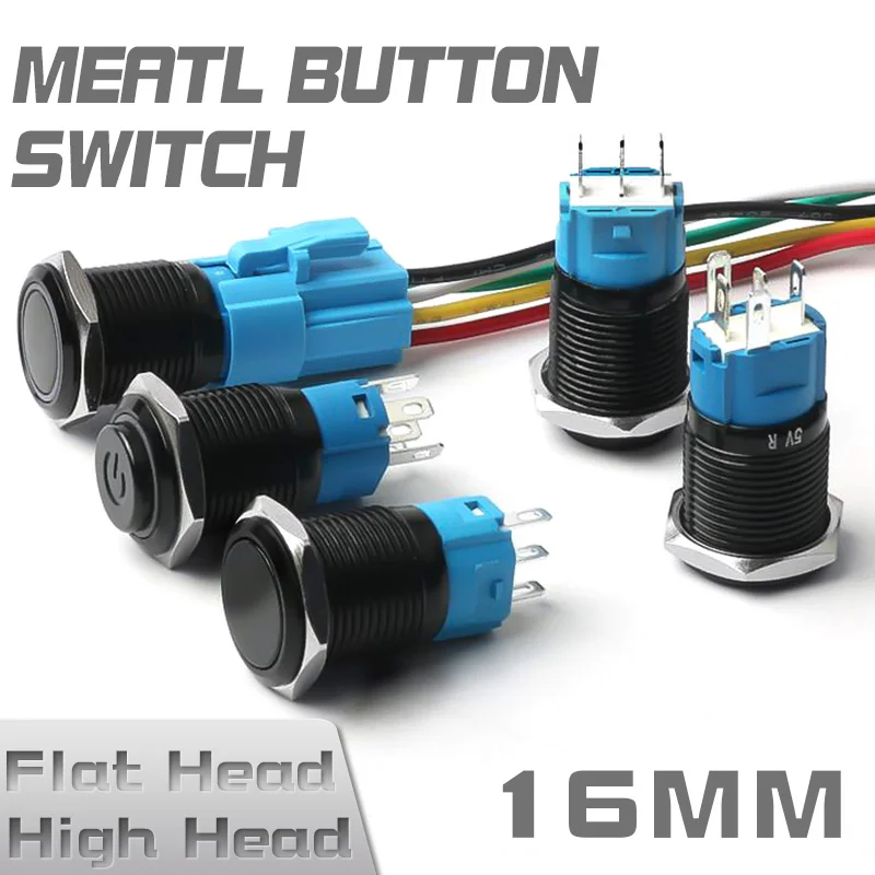 16mm Black Metal Button Switch Momentary Latching High Flat Head Car Start Horn Bell Button Inching With LED Light Waterproof