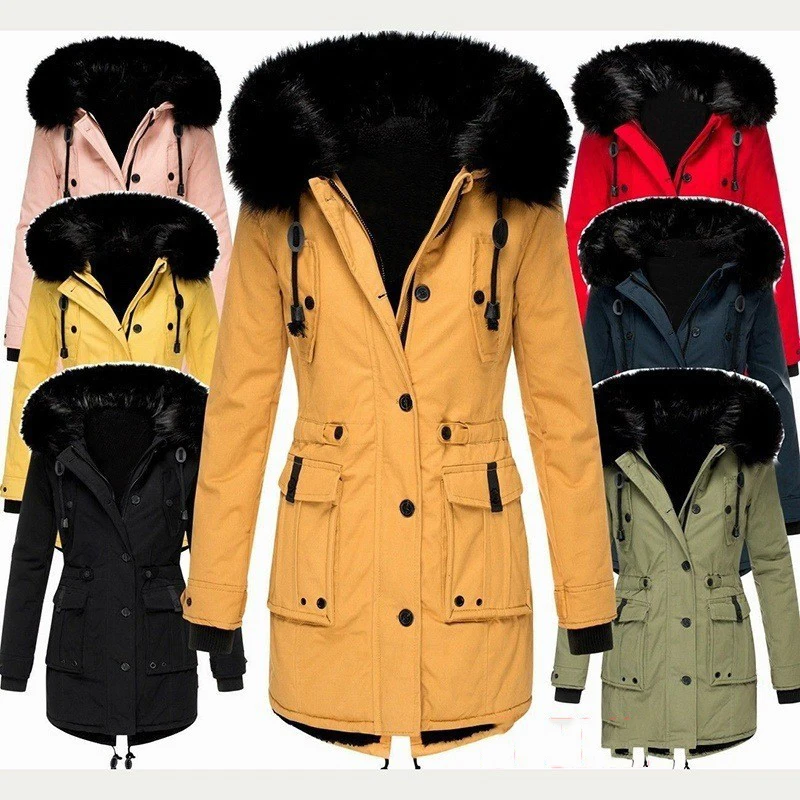 Winter Fur Collar Hooded Cotton Jacket Outwear Women Loose Solid Down Coat Puffer Jacket Thick Warm Fleece Lined Padded Parka