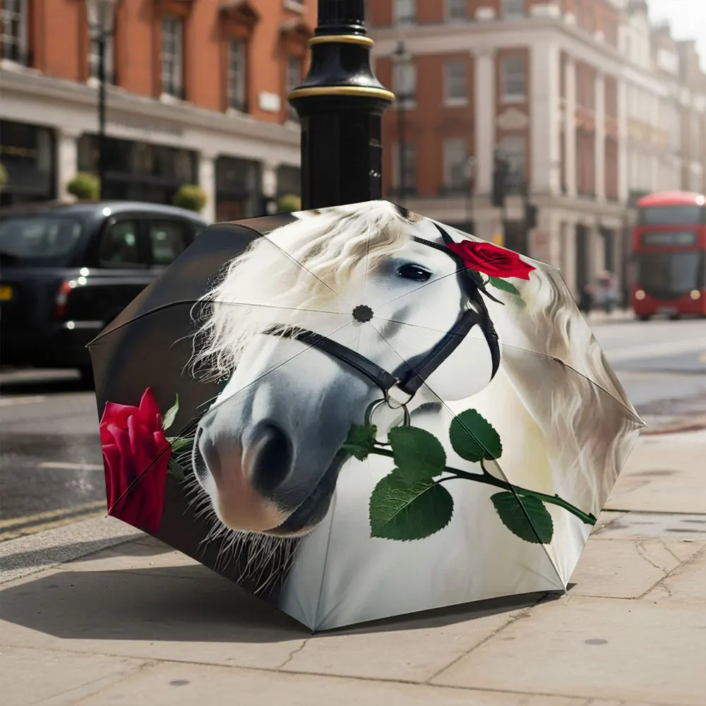 1P C Romantic Horse Umbrella with Rose Design Print 8 Iron Ribs Folding Umbrella Auto-Open Fashion Sunshade