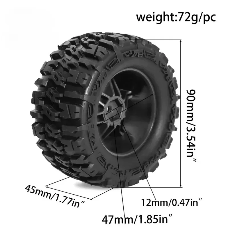 4 Stück 90 mm Monster Truck Reifen Rad 12 mm Sechskant für TRXS E-Revo MJX 16207 16208 SCY 16101 HBX 1/16 RC Auto Upgrade-Teile