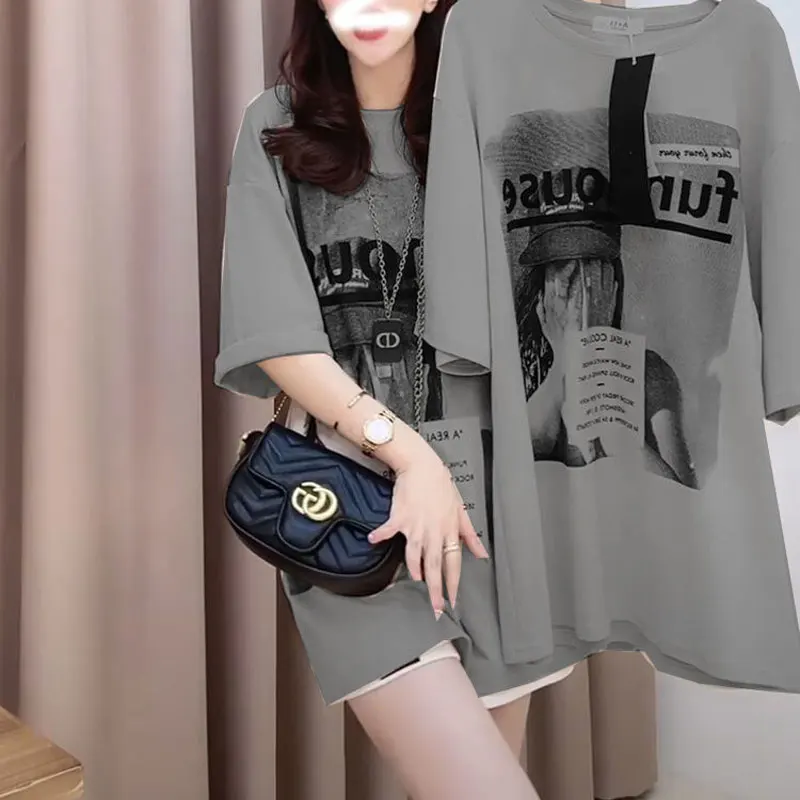 Female Clothing Letter Printed T-shirt Vintage Korean Loose Casual Chic Short Sleeve Summer All-match Commute O-Neck Pullovers