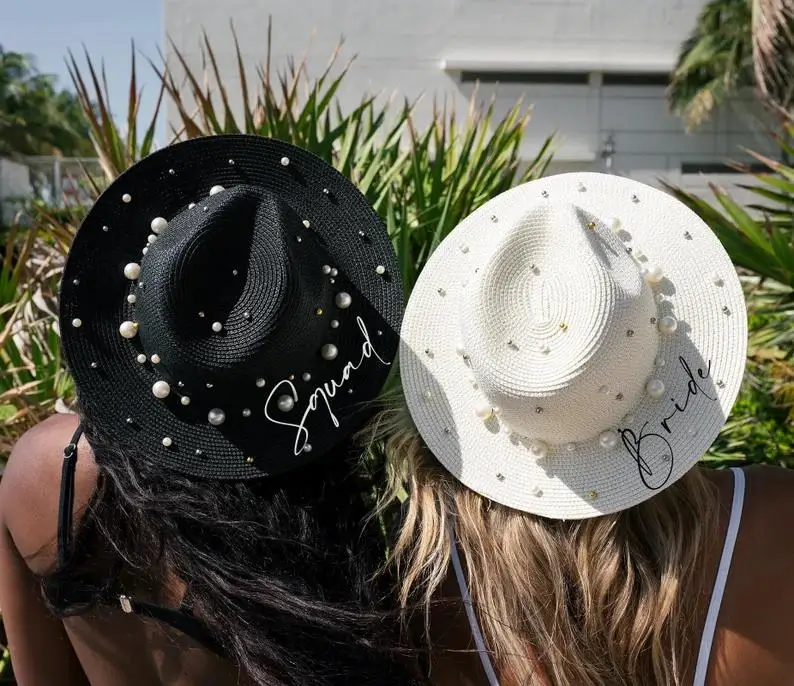 Bride Squad Pearls Hats Custom Sun Hat with name  Cowboy Sun Hats with Pearls Bachelorette Hats with Name Custom Pearl Sun hatss