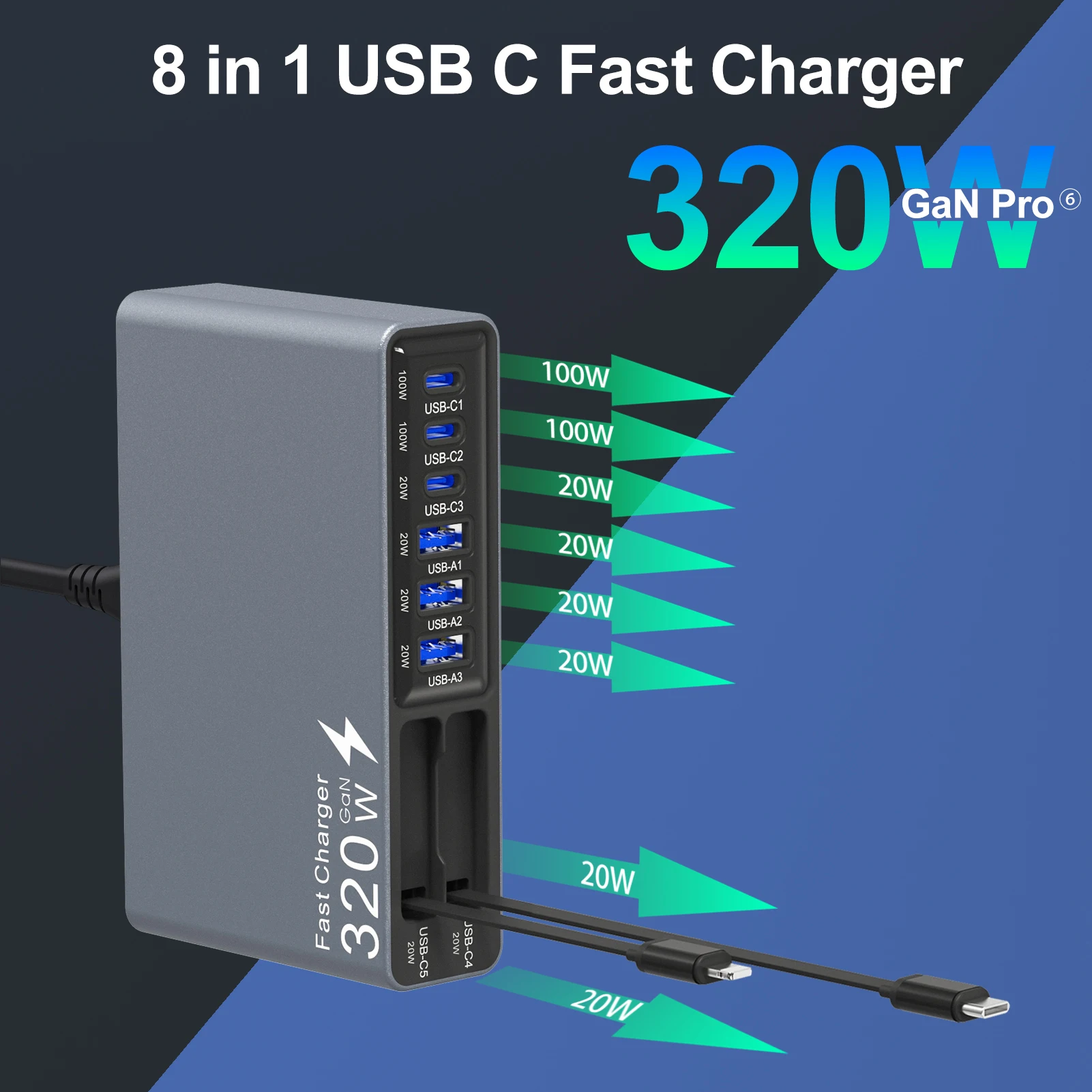 

Зарядное устройство Coln 320W USB Type C GaN с быстрой зарядкой PD100W, настольная зарядная станция с выдвижным кабелем для Macbook, ноутбуков, iPhone, iPad
