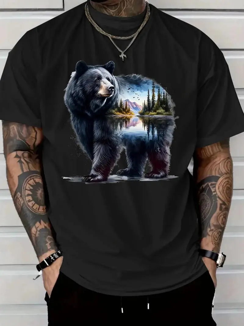 Men's T-Shirt Casual Collar, Black Bear And Landscape Print, Outdoor Exploration, Everyday Wear, All Seasons, Christmas Gift
