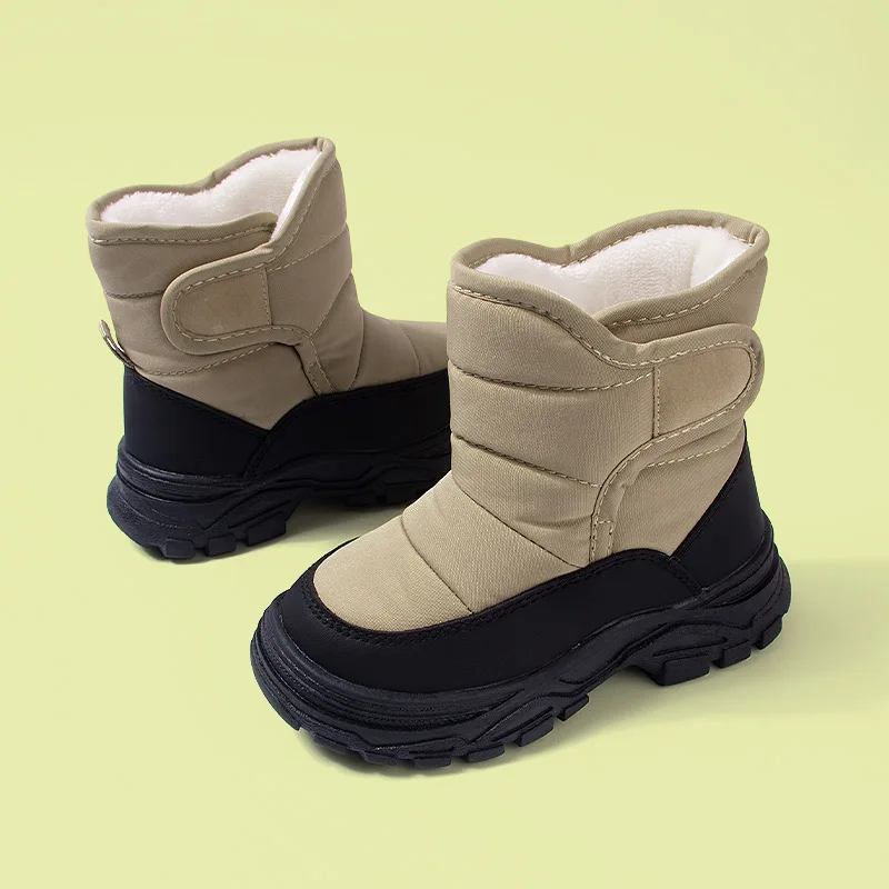 Winter Children Snow Boots With Plush Boys Girls Fashion Soild Color Sports Cotton Boots Kids Warm Waterproof High-top Boots