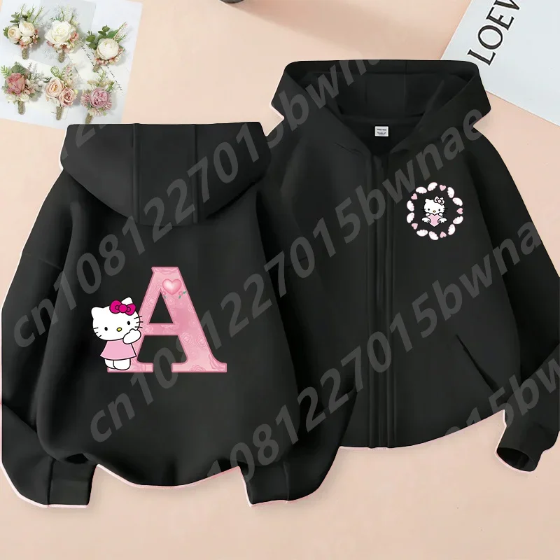 

New 2024 Hello Kitty Zipper Hoodie, 26 English Letters, Kawaii Harajuku Pattern, Fashionable Sports Girl Top, Girl Sater Hoodie