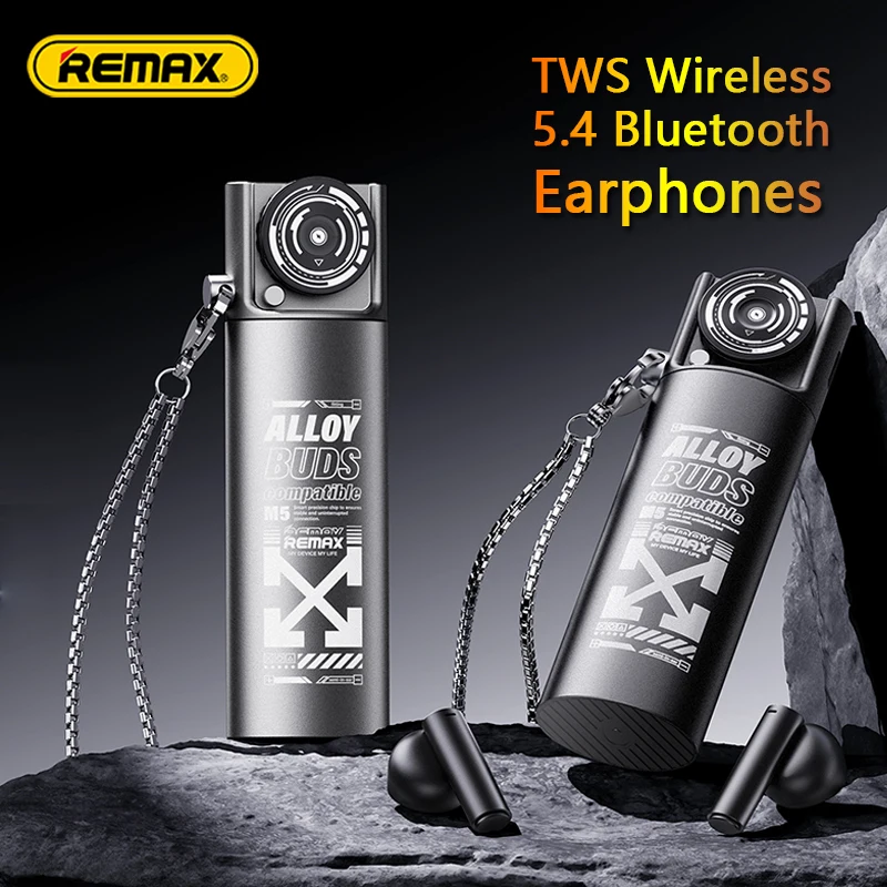 Remax  TWS Earphones Metal True Wireless Stereo Earbuds 5.4 Bluetooth 150mAh With Necklaces Bag for Fashions Male Metal Headphon