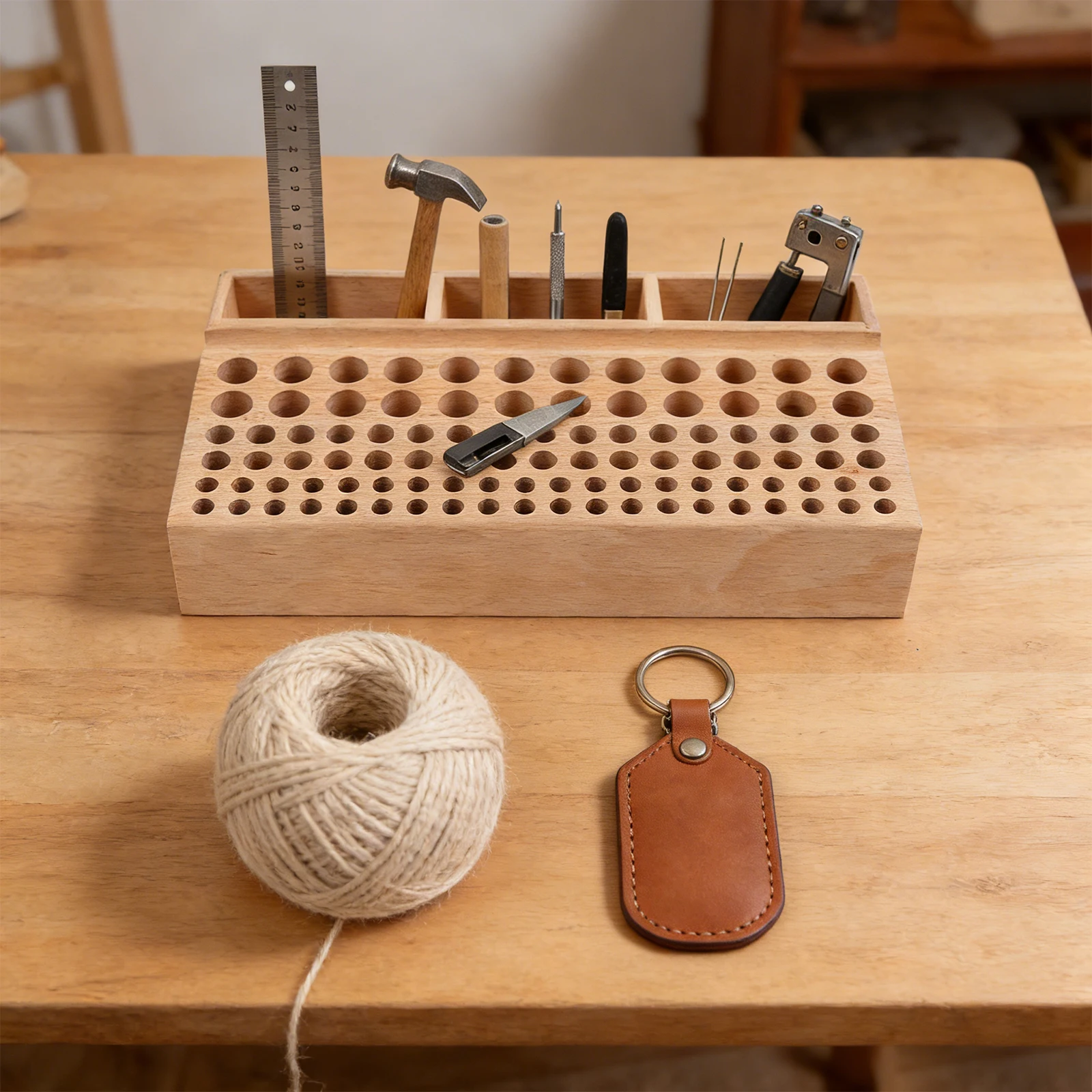 98-Loch Lederwerkzeug-Aufbewahrungsregal, Holz-Lederwerkzeughalter-Box, Handwerker-Organizer, Aufbewahrungsbox für Lederwerkzeuge