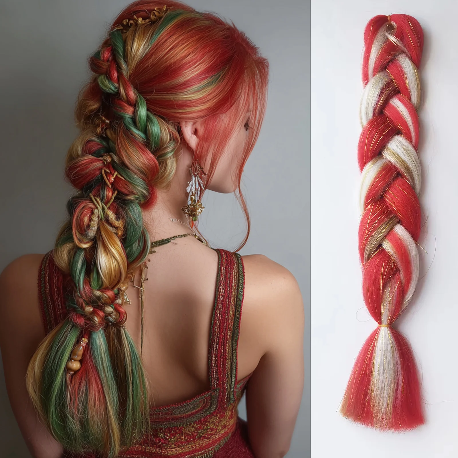 ضفائر كبيرة الحجم لعيد الميلاد باللون الأحمر والأصفر، جدائل صناعية ملونة، ضفائر مهرجان الهذيان المختلطة للفتيات والأطفال في عيد الميلاد والهالوين #1