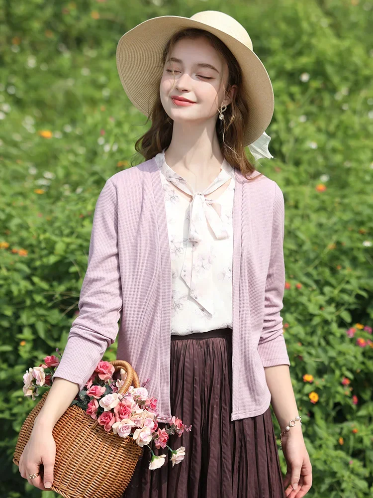 I BELIEVE YOU Purple Knit Sweaters Women 2024 Spring French Waffle Fake Two Pieces Floral Tie Neck New Cardigan Tops 2241185531