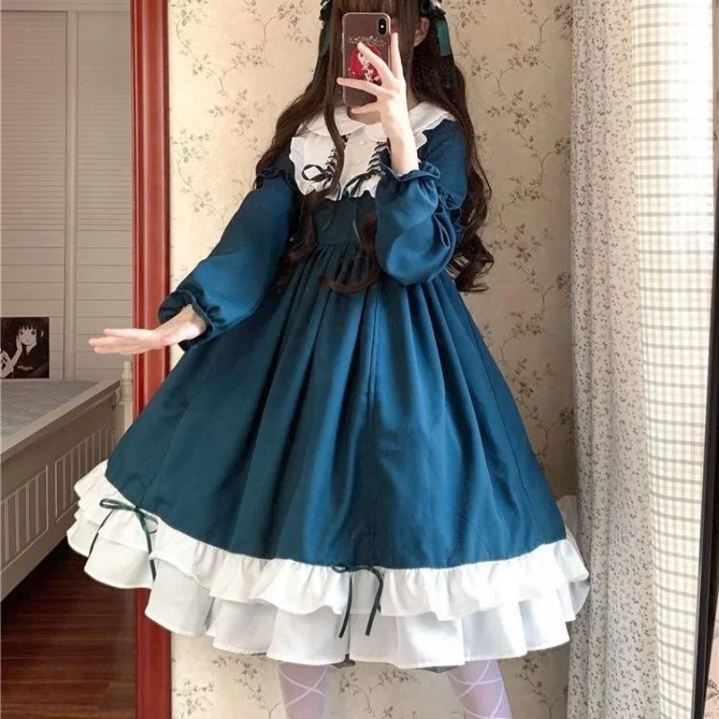 Kawaii słodka sukienka Lolita damska Bowknot Patchwork kołnierz piotruś Pan Ruffles dziewczęca śliczna spódnica z długim rękawem księżniczka szata