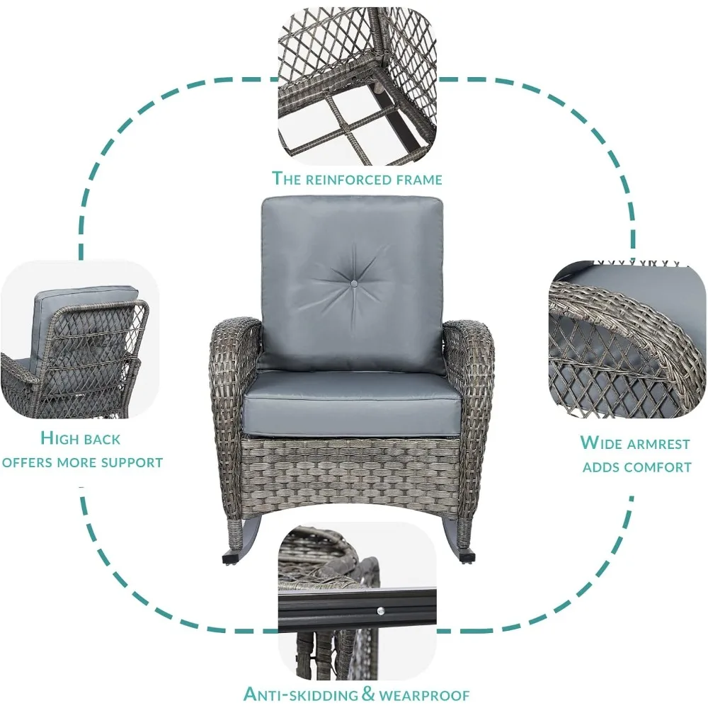 3 Piece Outdoor Wicker Rocking Chair Set with Cushions and Glass Top Coffee Table Rattan Patio Rocking Chair Set, Gray