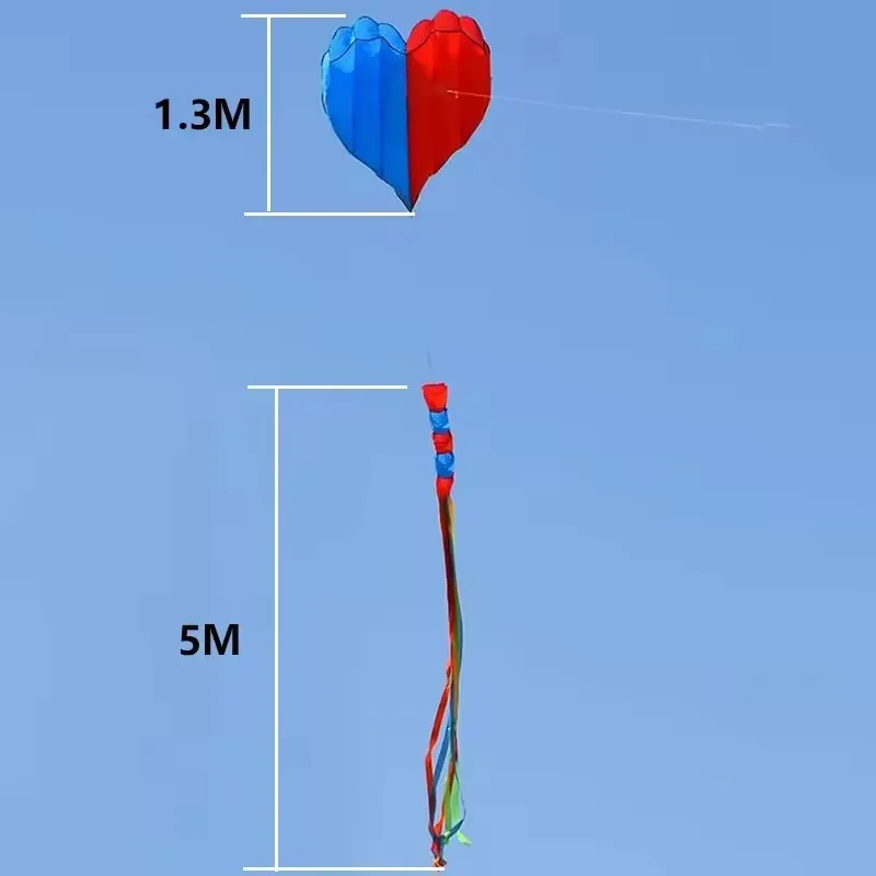 3D 5.5M レッドブルーハート型ソフトカイト 8 カイト ロングフロートテールビーチカイト付き 簡単に飛ばせて破れにくい収納バッグ