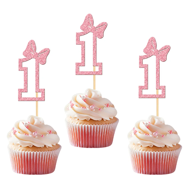 YOMDID 24 Stück Cupcake-Topper zum 1. Geburtstag, glitzernde 1. Geburtstags-Kuchenaufsätze mit Schleifendekoration für Valentinstag-Dekoration – Detail 7