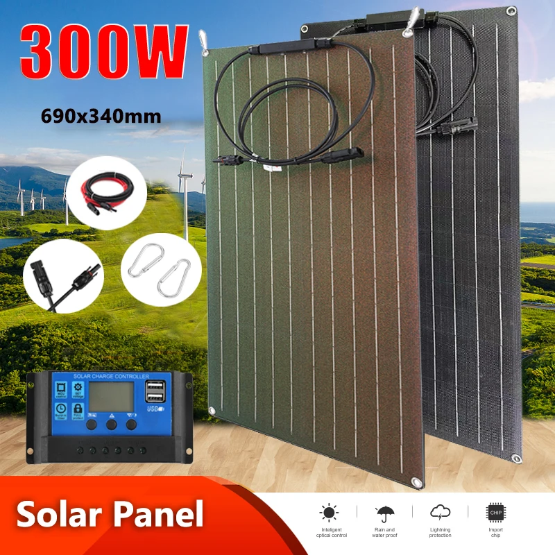 300W Solar Panel Kit 18V ETFE Flexible Monocrystalline Solar Cell Power Charger with 60A Controller for Camping Yacht RV Car