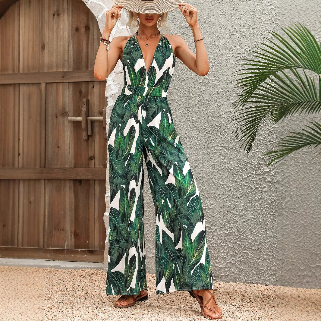 

Женские комбинезоны с принтом 2026: летние, повседневные, облегающие, с открытой спиной, без рукавов, с V-образным вырезом, с высокой эластичной талией, на полную длину.