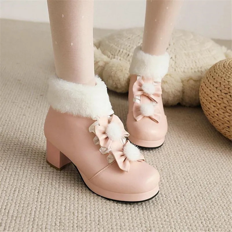 Winter Girls Lolita Boots Fur Round Toe Cosplay Princess Shoes High Heel Platform Women Ankle Boots Plush Warm Women Shoes 30-43