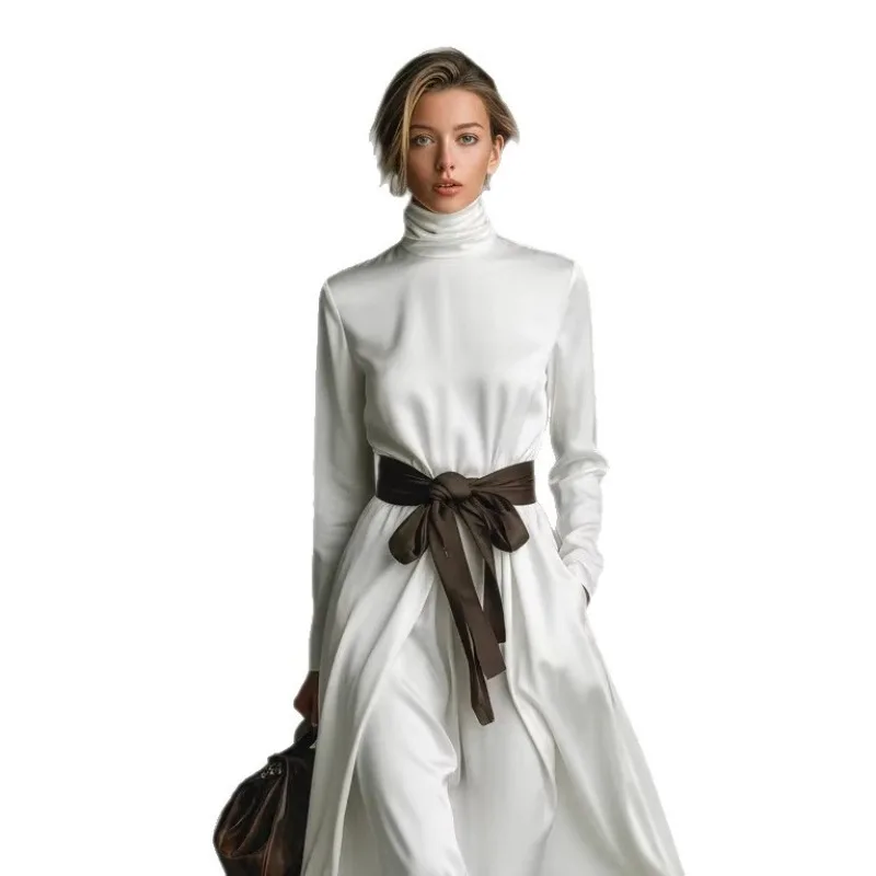 الخريف أنيقة عالية الياقة بلون طويلة الأكمام ألف خط فساتين كبيرة النساء مزاجه عطلة فستان طويل شيك ثوب مسائي