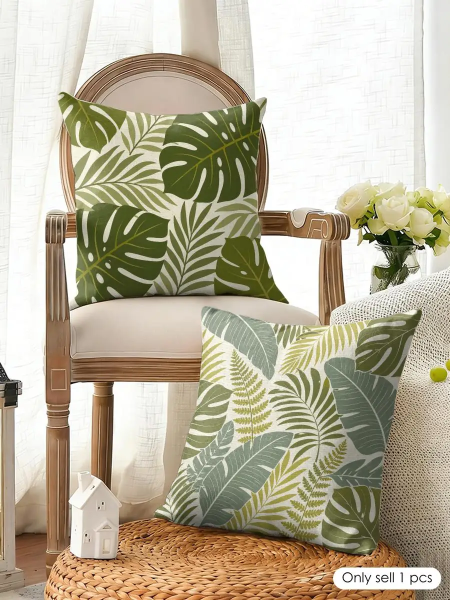Tropical Green Leaf Cushion Cover Natural Linen Organic Fabric Double-Sided Printing Breathable Perfect For Home Decor