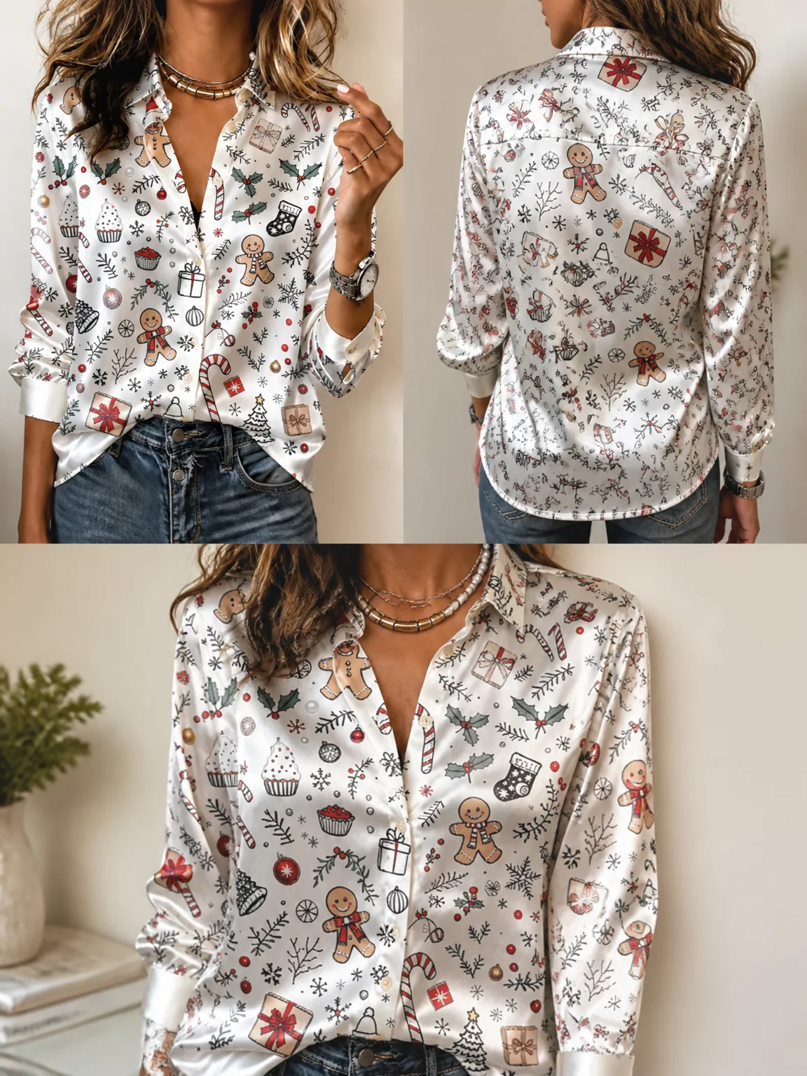 Soft Lapel Long Sleeve Satin Blouse, Women Christmas Gingerbread Top for Xmas Dating Casual Outfit