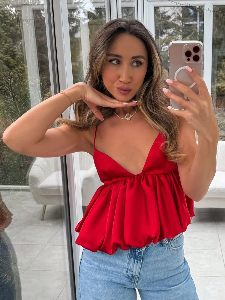 HH Sexy Silky Satin Cropped Camisole Women V Neck Thin Strap Sleeveless Solid Tank Tops Evening Party Holiday Elegant Outfits