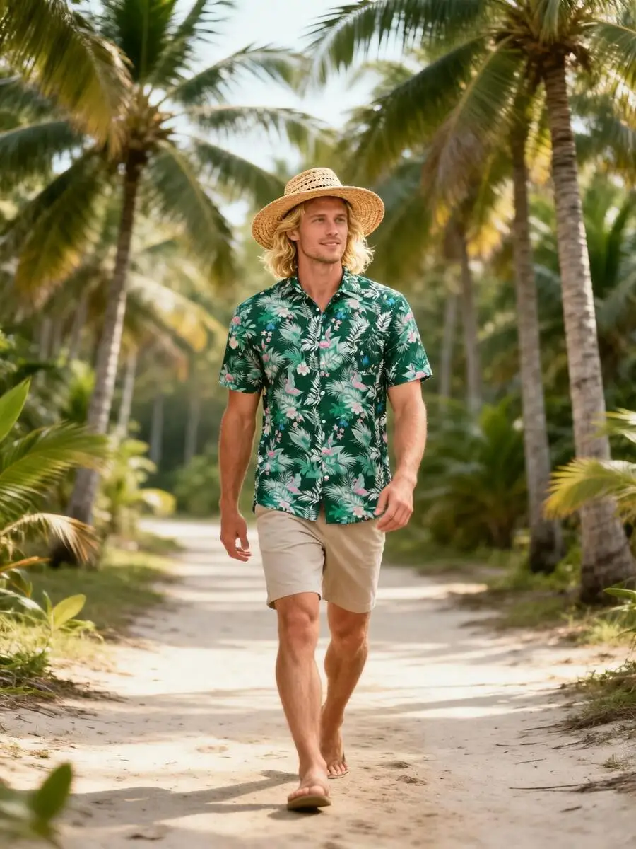 

Mens Hawaiian Shirt Dark Green Tropical Print Short Sleeve Casual Beach Wear