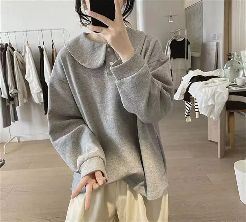 Yasuk Summer Casual Ruffle Neck  T-Shirt Female Pullover Women Blouse Simple School Student Loose Soft Long Sleeve