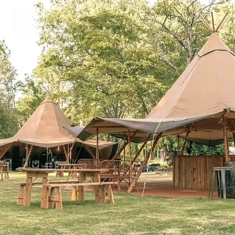 Customized Two Connected Heavy Duty Cotton Luxury Glamping Tipi Tent 80 Person Campground Waterproof Canvas Marquee Gazebo