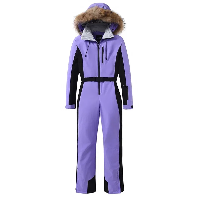 Womens One Pieces Ski Suits Winter Waterproof Onesies Snowsuit Fur Hood Snowboard Jumpsuits for Outdoor Sports