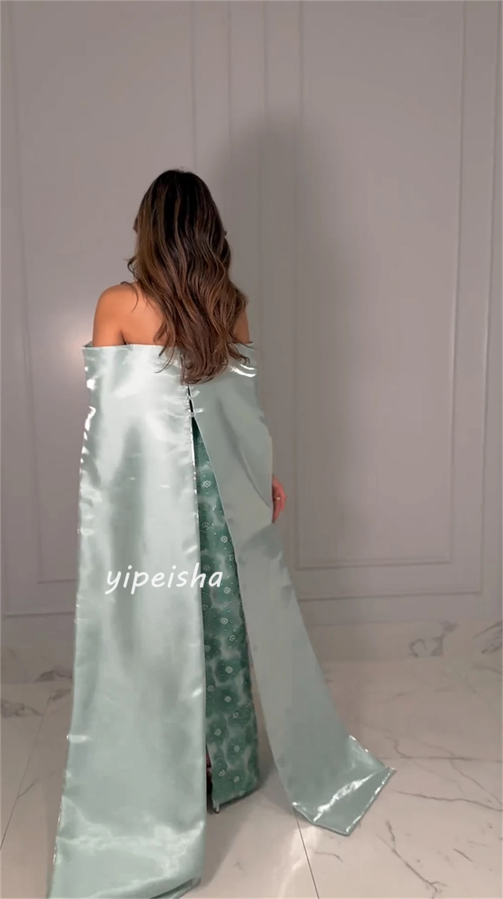 Customized Satin Flower Beading Ruched Cocktail Party A-line Off-the-shoulder Bespoke Occasion Gown Long Dresses