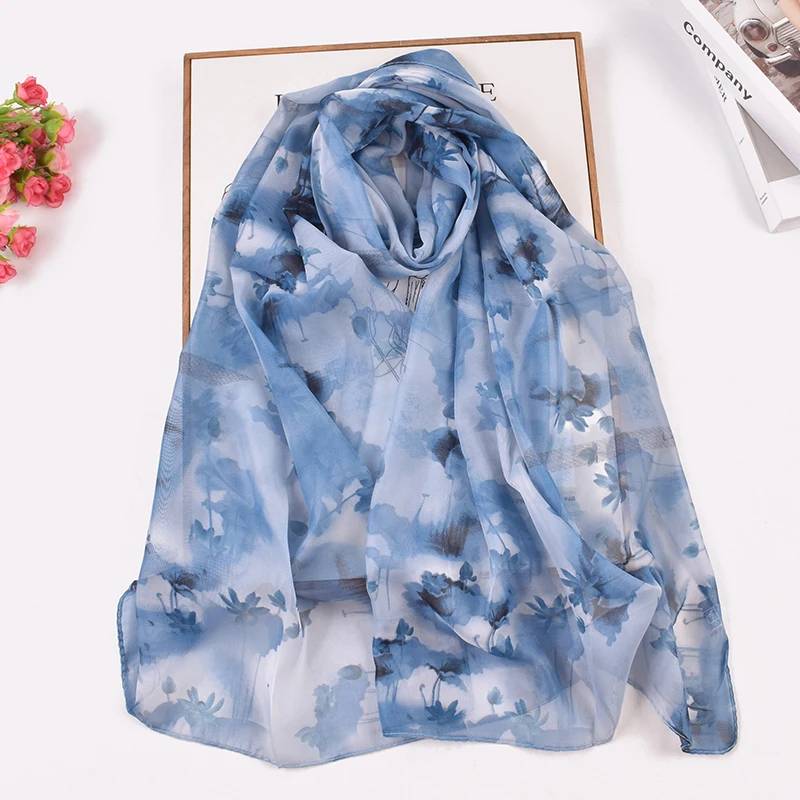 New Fresh and Breathable Thin Lotus and Lotus Leaf Pattern Printed Chiffon Women\'s Long Scarf Sunscreen Women\'s Scarf