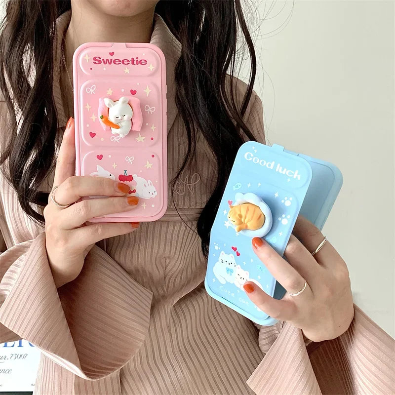 

Cartoon Cats Rabbit Fold Stand Holder Bracket Phone Case For Apple iPhone 15 Pro Max 12 13 14 16 pro max 11 Flip Cover Silicone