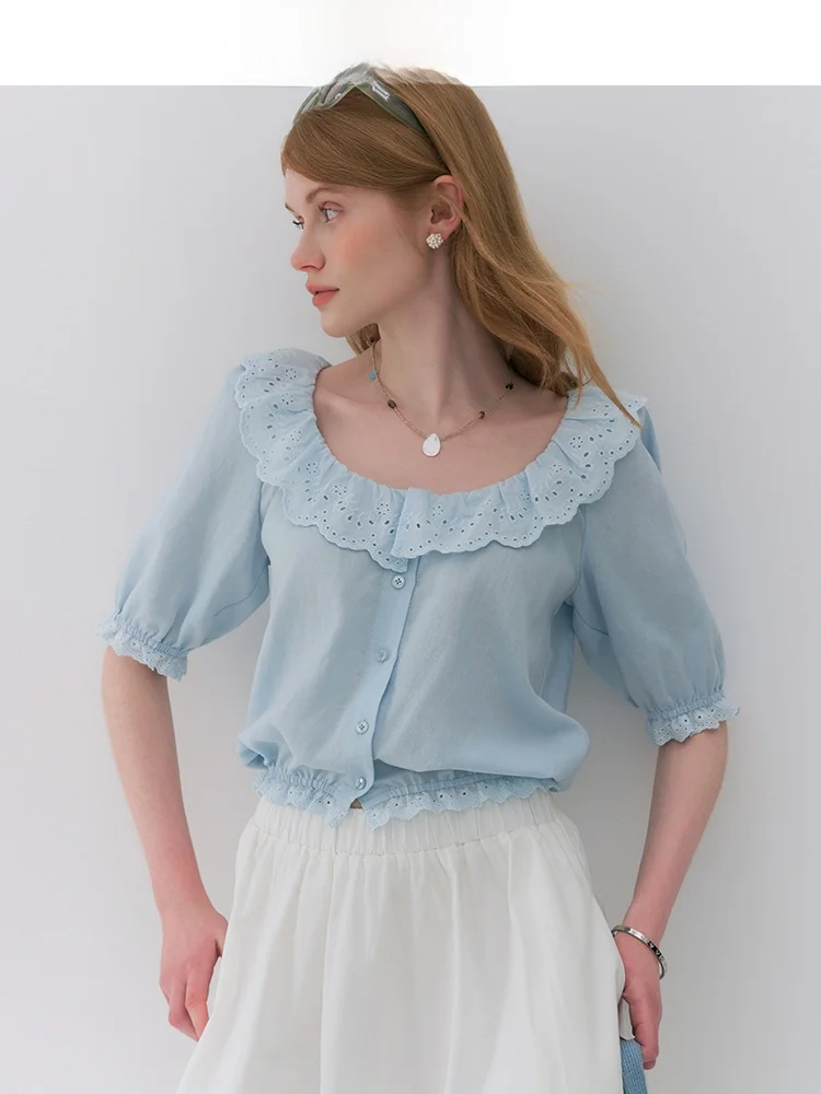 

Синяя льняная рубашка с кружевными вставками, женская, летняя, новый стиль, R Palete, летняя мода, милый стиль, топ с круглым вырезом и коротким рукавом