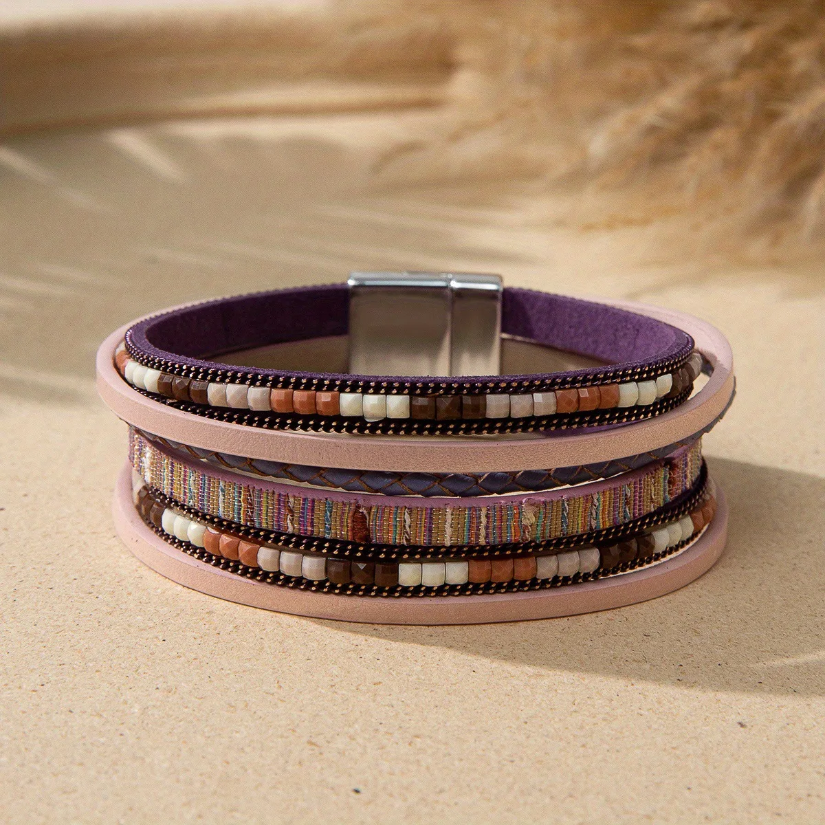 Bohemian Weed Beads Boho Pu Leather Stackable Handmade Braided Magnetic Clasp Women Wrap Bracelet Jewelry