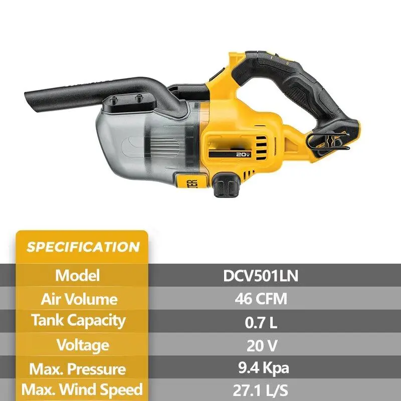 DEWALT 20V Cordless Vacuum DCV501LN Handheld Vacuum 9.4KPa Industrial Cleaner Rechargeable Cleaner for Car Home Gardon Cleaning