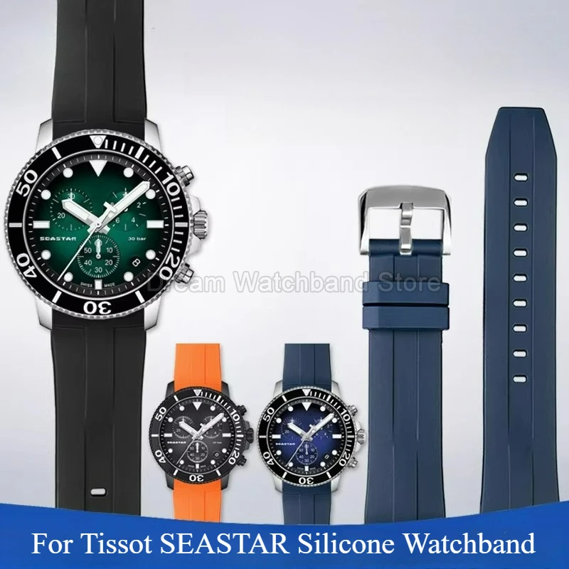 Pulseira de relógio de silicone azul laranja preto de 22mm para Tissot SEASTAR T120407A /T120417A leve, durável, à prova d'água e antiarranhões