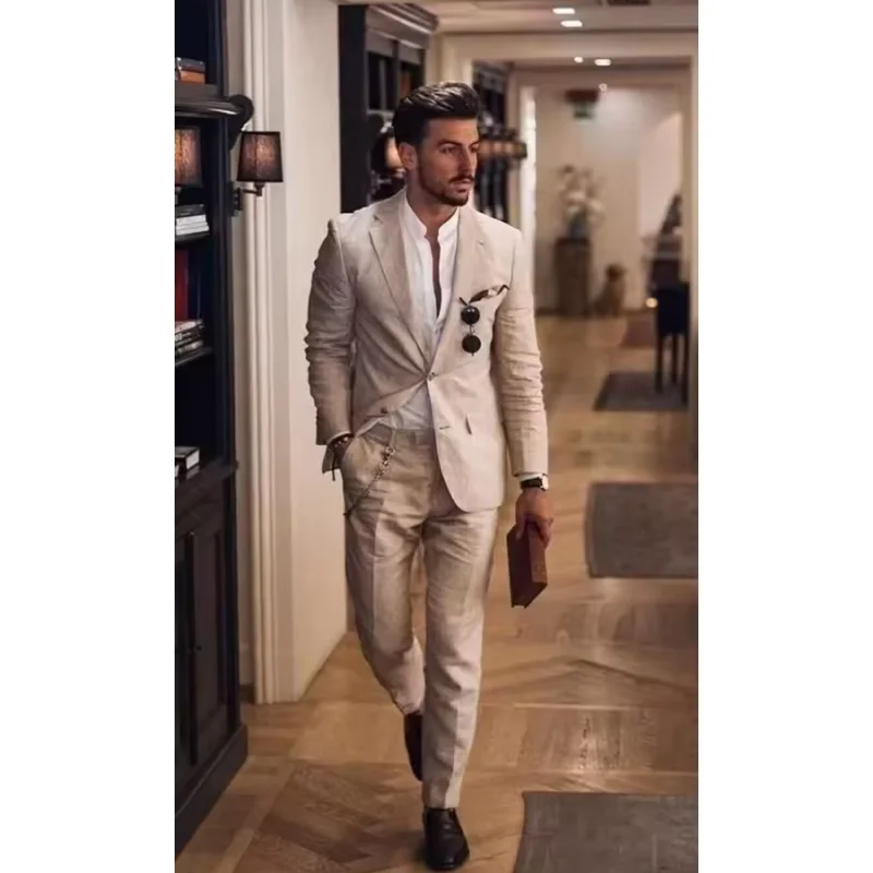 

Men's beige linen 2-piece slim fit dinner party wedding groom tailcoat jacket and pants casual stand collar lapel sports jacket
