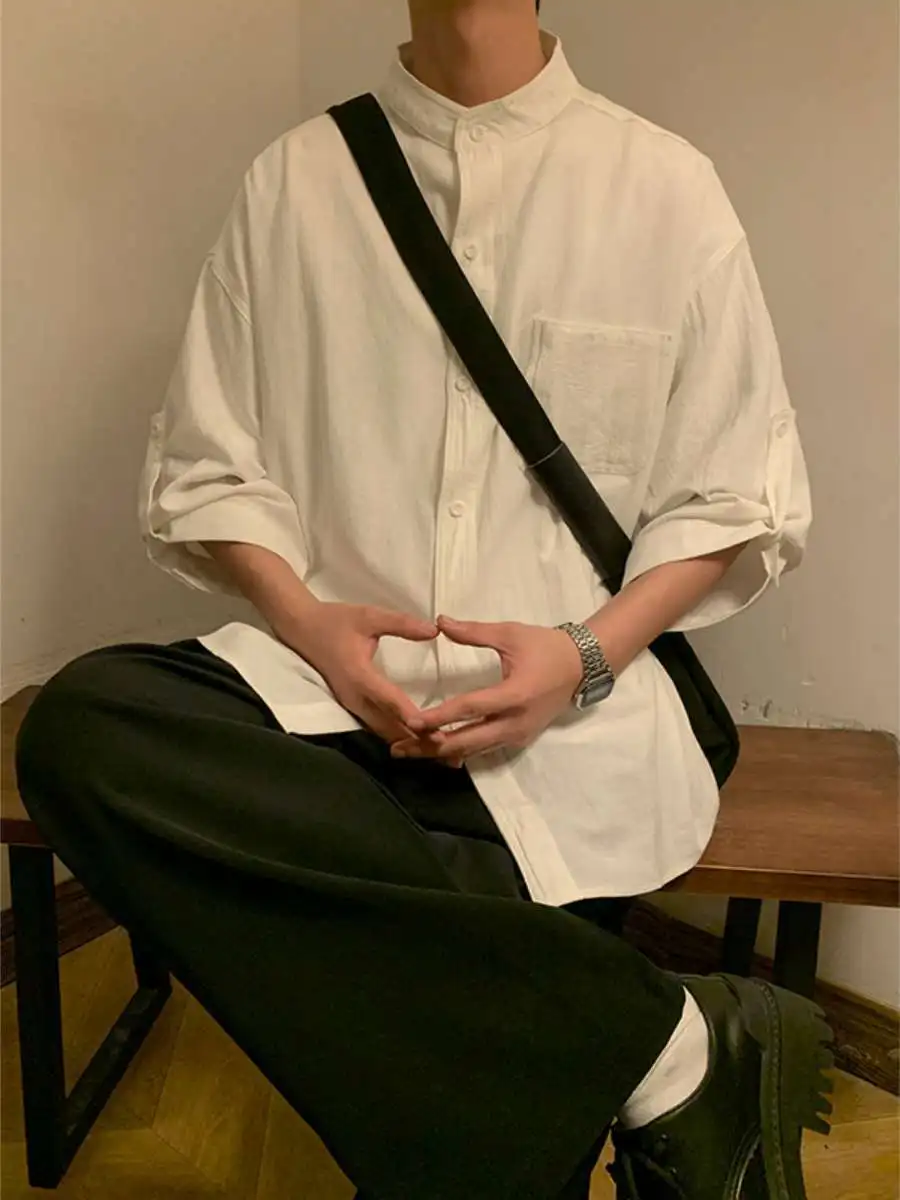 

Summer New Stand Collar Five Sve Men's irt Loose Fit Seven Sve Long irt Casual Sle Travel Friendly Other Patterns