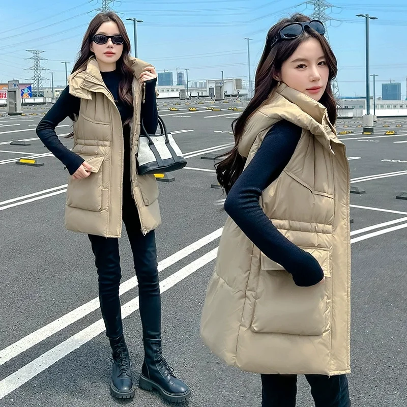 

Thicke Cotton Vest Women Outerwear Autumn/Winter New Drawstring Down Cotton Vest Female Detachable Hat Warm Sleeveless Camisole
