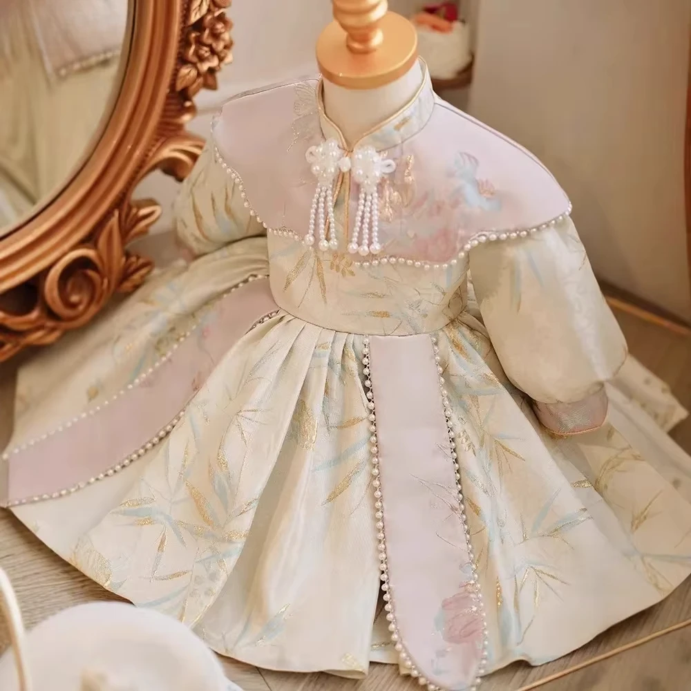 

2025 New Children Evening Baby Dress Gown Bow Pearls Wedding Birthday Baptism Long SleeveParty Girls Dresses for Eids