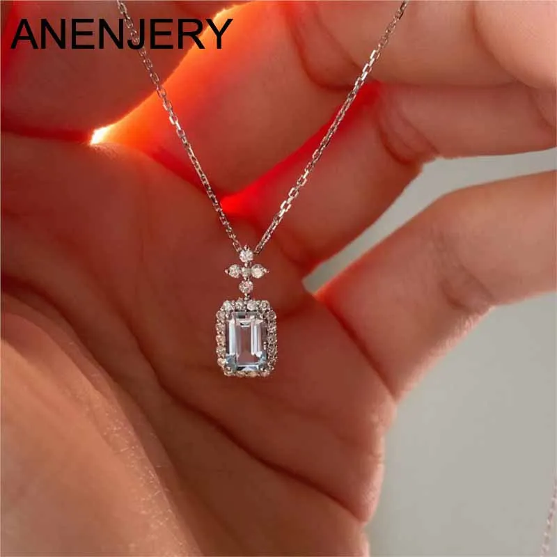 Anenjery Meer blau Zirkon Blume quadratische Anhänger Halskette für Frauen zarten Design Schlüsselbein Kette Schmuck Großhandel