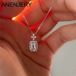ANENJERY Sea Blue Zircon Flower Square Pendant Necklace for Women Delicate Desgin Clavicle Chain Jewelry Wholesale