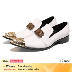 Luxurious New Genuine Leather Men Shoes Gold Pointed Toe Slip-on White Party Dress Wedding Shoes Oxfords