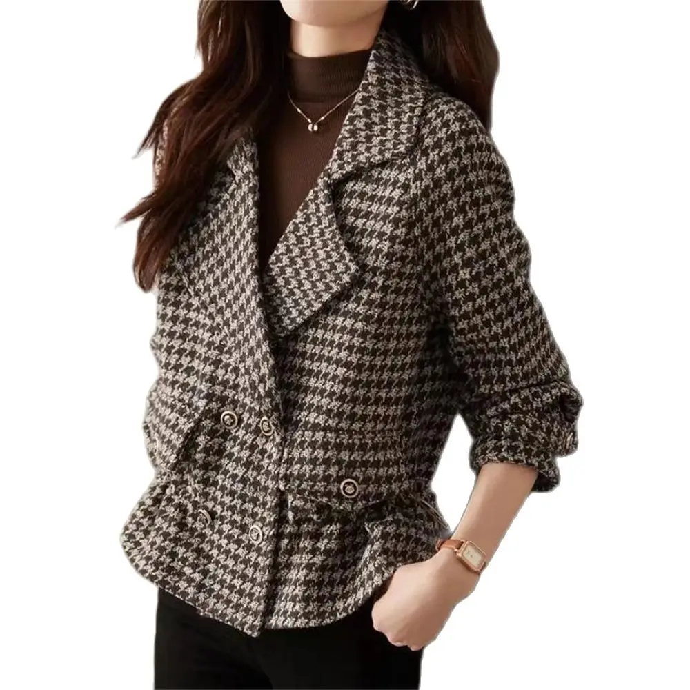 Neue Vintage Hahnen tritt Frauen Woll blazer Zweireiher Plaid weibliche Anzug Jacke Mode koreanische Oberbekleidung lose Blaser Mantel