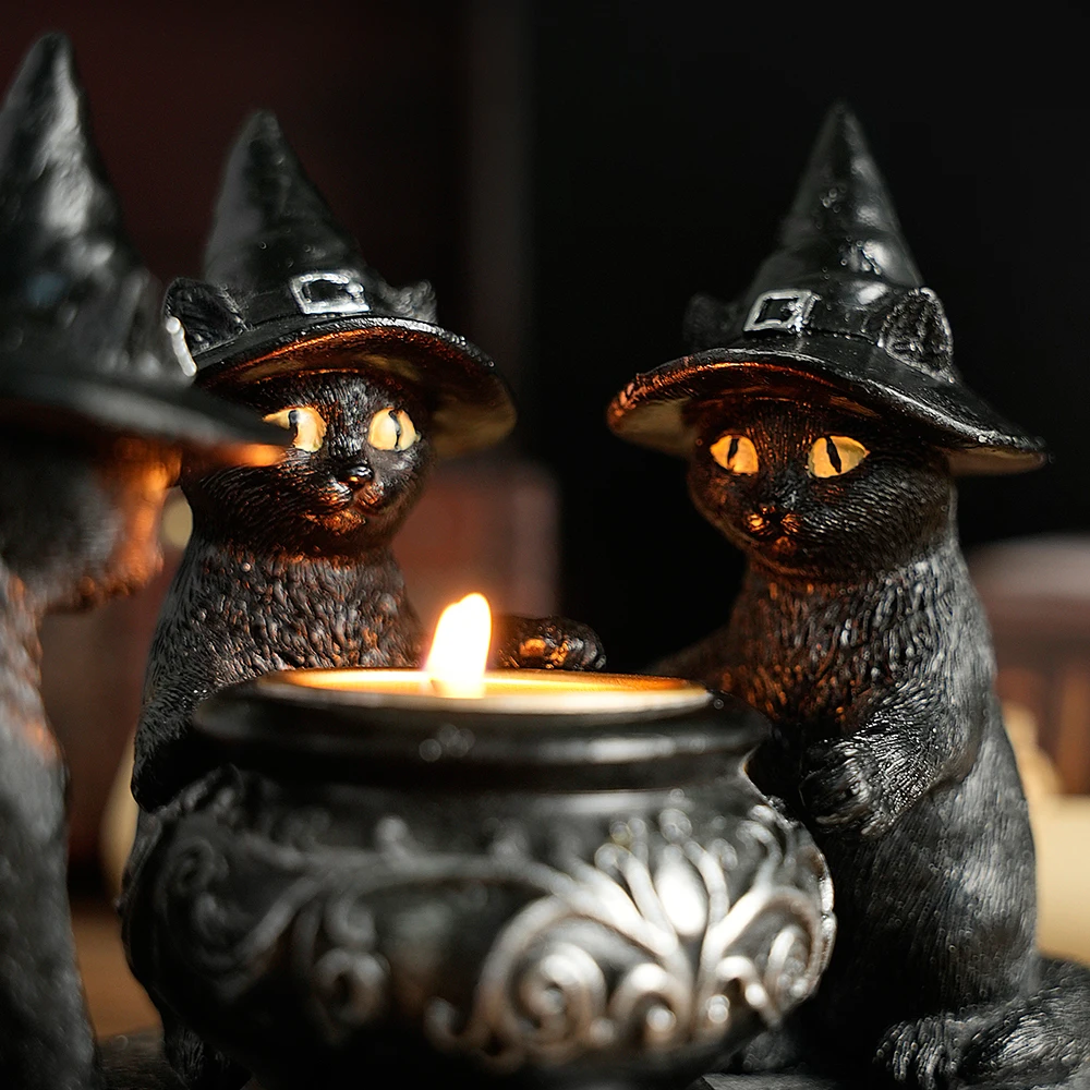 1 PC Halloween Decoration Witch Cat Candle Holder Resin Decoration Resin Crafts Holiday Decoration Home Decoration