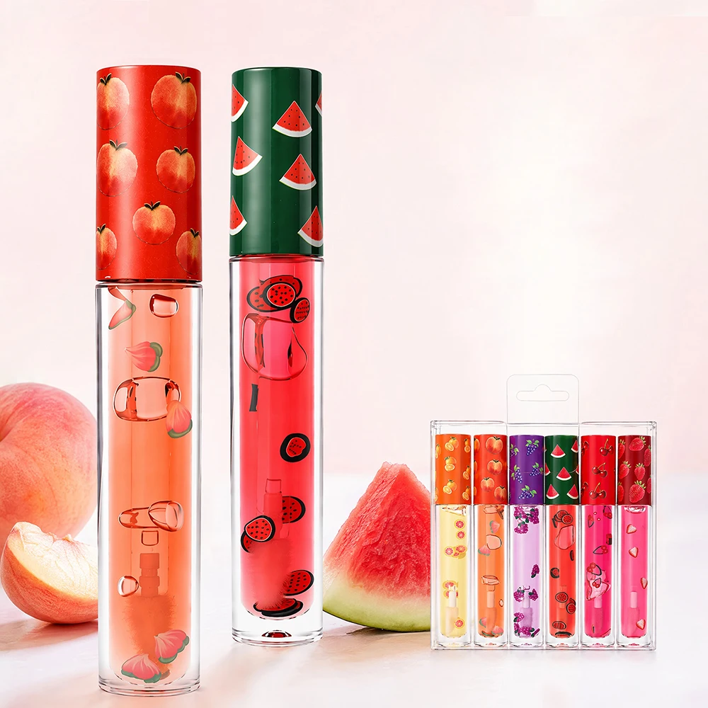 6-Piece Fruit-Scented Lip Oil Kit Private Label Pigment Long Lasting Moisturizing Custom Logo Makeup Vegan Transparent PVC Box