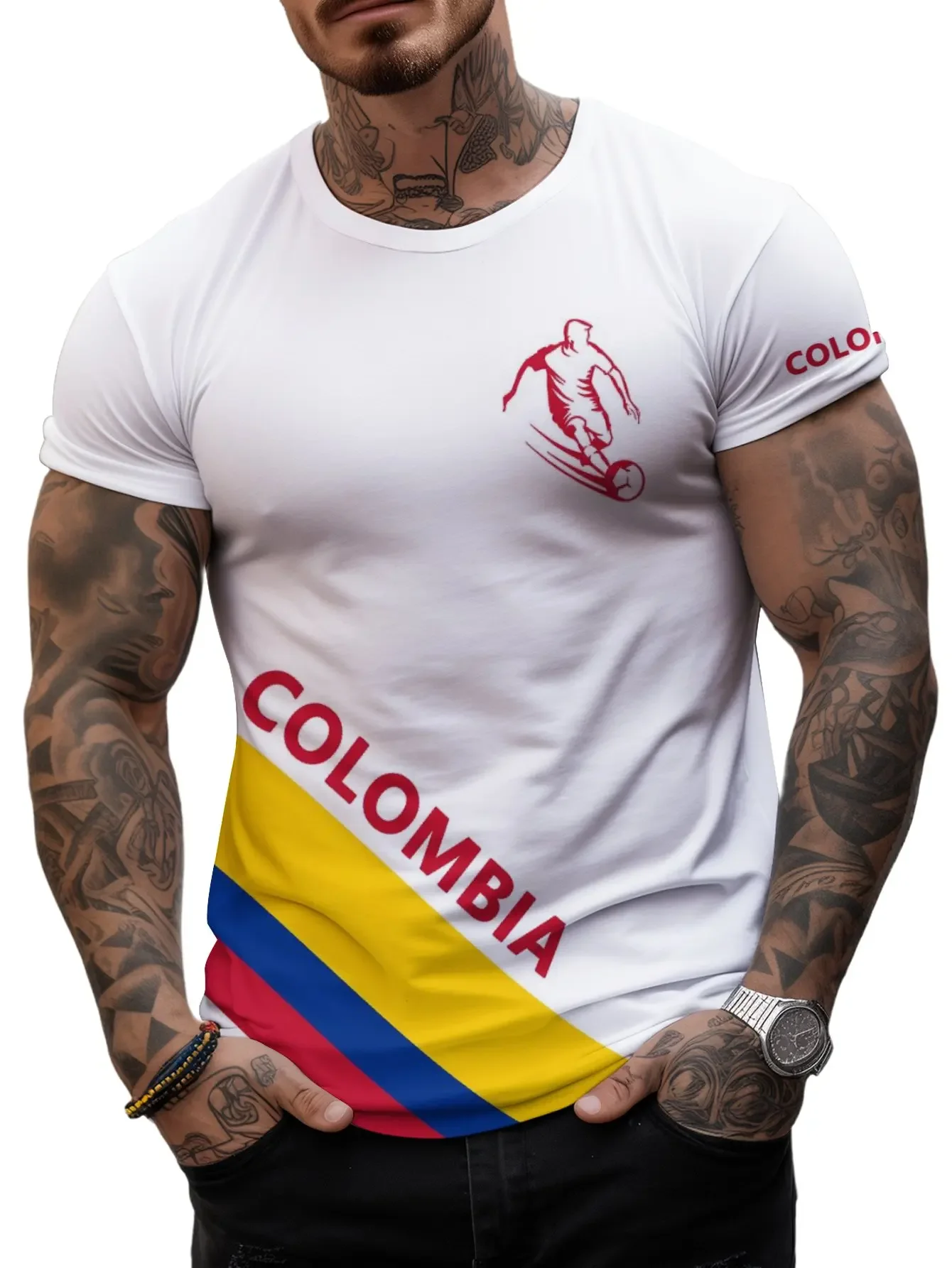 Simple Colombia football jersey 3D printed T-shirt, men\'s summer sports fitness running lightweight breathable quick-drying top